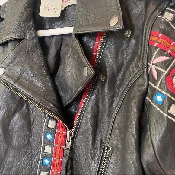 NWT Free People Mari Leather Moto Jacket Embroidered Black - Picture 10 of 17